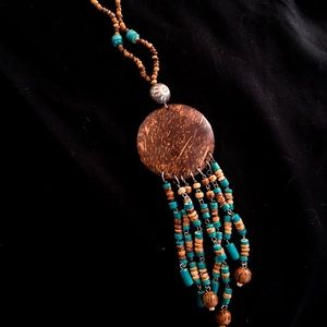 Extra long wood and turquoise ethnic boho necklace